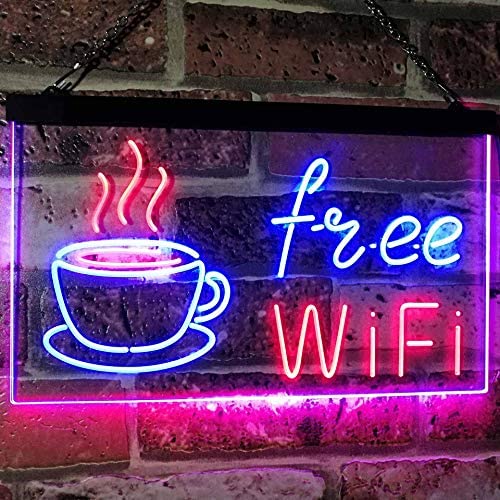 Cafe Coffee Free WiFi Dual LED Neon Light Sign
